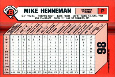 1989 Bowman - Collector's Edition (Tiffany) #98 Mike Henneman Back