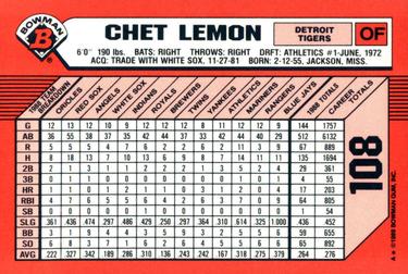 1989 Bowman - Collector's Edition (Tiffany) #108 Chet Lemon Back