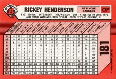 1989 Bowman - Collector's Edition (Tiffany) #181 Rickey Henderson Back