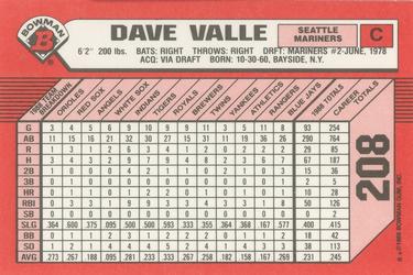 1989 Bowman - Collector's Edition (Tiffany) #208 Dave Valle Back