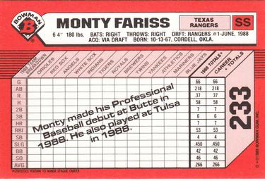 1989 Bowman - Collector's Edition (Tiffany) #233 Monty Fariss Back