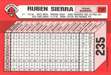 1989 Bowman - Collector's Edition (Tiffany) #235 Ruben Sierra Back