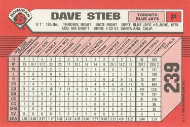 1989 Bowman - Collector's Edition (Tiffany) #239 Dave Stieb Back