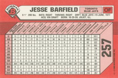1989 Bowman - Collector's Edition (Tiffany) #257 Jesse Barfield Back