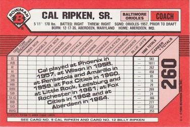 1989 Bowman - Collector's Edition (Tiffany) #260 Cal Ripken, Sr. / Cal Ripken / Billy Ripken Back