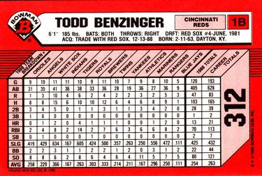 1989 Bowman - Collector's Edition (Tiffany) #312 Todd Benzinger Back