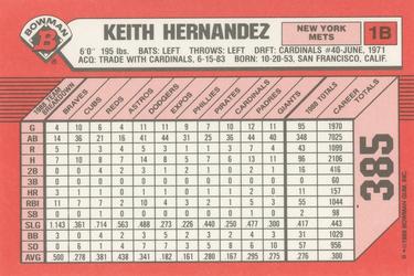 1989 Bowman - Collector's Edition (Tiffany) #385 Keith Hernandez Back
