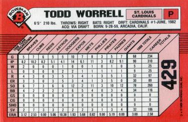 1989 Bowman - Collector's Edition (Tiffany) #429 Todd Worrell Back