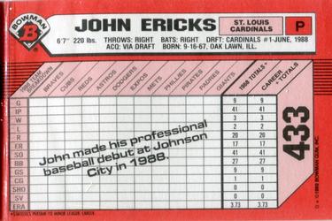 1989 Bowman - Collector's Edition (Tiffany) #433 John Ericks Back