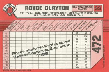 1989 Bowman - Collector's Edition (Tiffany) #472 Royce Clayton Back