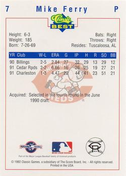 1992 Classic Best Cedar Rapids Reds #7 Mike Ferry Back