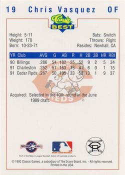 1992 Classic Best Cedar Rapids Reds #19 Chris Vasquez Back