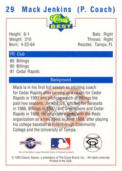 1992 Classic Best Cedar Rapids Reds #29 Mack Jenkins Back