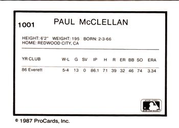 1987 ProCards #1001 Paul McClellan Back