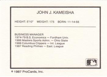 1987 ProCards #NNO John J. Kameisha Back