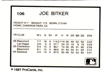 1987 ProCards #106 Joe Bitker Back
