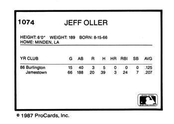 1987 ProCards #1074 Jeff Oller Back