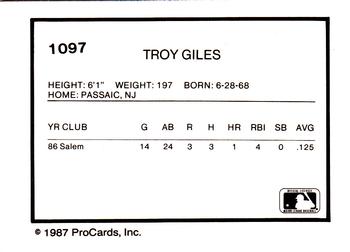 1987 ProCards #1097 Troy Giles Back