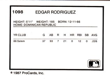 1987 ProCards #1098 Edgar Rodriguez Back