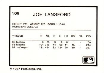 1987 ProCards #109 Joe Lansford Back