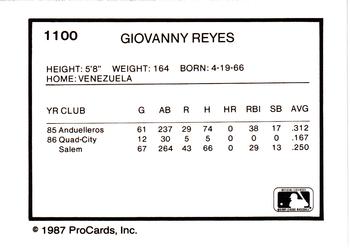 1987 ProCards #1100 Giovanny Reyes Back