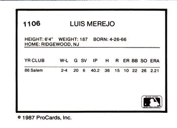 1987 ProCards #1106 Luis Merejo Back