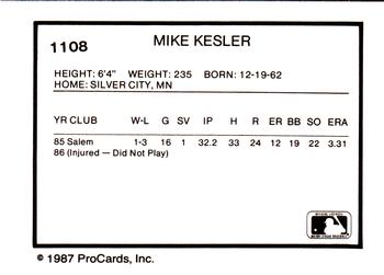 1987 ProCards #1108 Mike Kesler Back