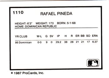 1987 ProCards #1110 Rafael Pineda Back