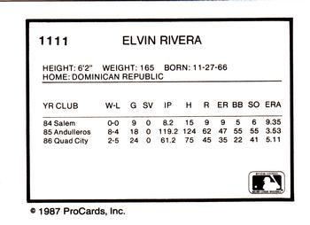 1987 ProCards #1111 Elvin Rivera Back
