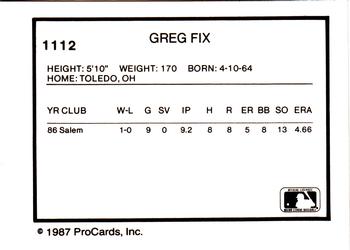 1987 ProCards #1112 Greg Fix Back