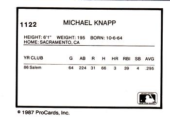 1987 ProCards #1122 Michael Knapp Back