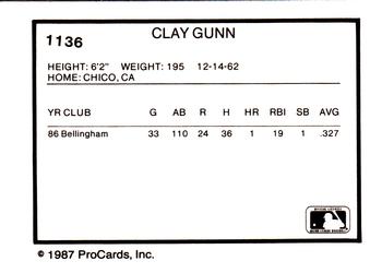 1987 ProCards #1136 Clay Gunn Back