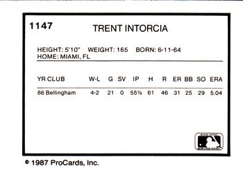 1987 ProCards #1147 Trent Intorcia Back