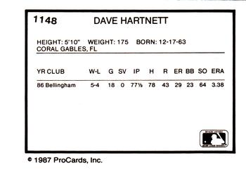 1987 ProCards #1148 Dave Hartnett Back