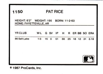 1987 ProCards #1150 Pat Rice Back