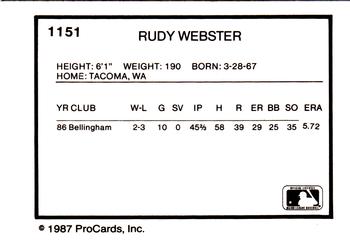 1987 ProCards #1151 Rudy Webster Back