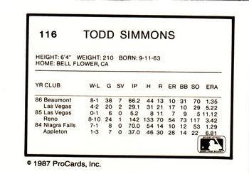 1987 ProCards #116 Todd Simmons Back
