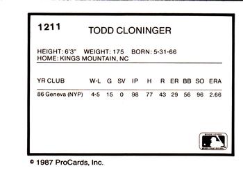 1987 ProCards #1211 Todd Cloninger Back