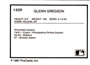 1987 ProCards #1220 Glenn Gregson Back