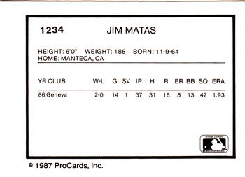1987 ProCards #1234 Jim Matas Back