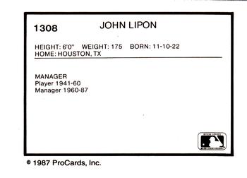 1987 ProCards #1308 John Lipon Back
