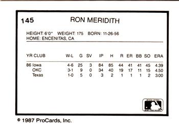 1987 ProCards #145 Ron Meridith Back