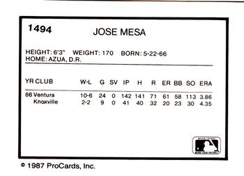 1987 ProCards #1494 Jose Mesa Back
