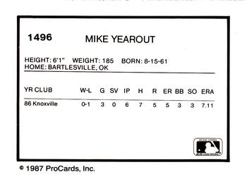 1987 ProCards #1496 Mike Yearout Back
