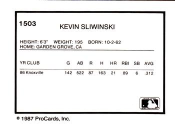 1987 ProCards #1503 Kevin Sliwinski Back
