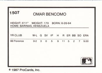 1987 ProCards #1507 Omar Bencomo Back
