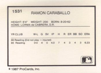 1987 ProCards #1531 Ramon Caraballo Back