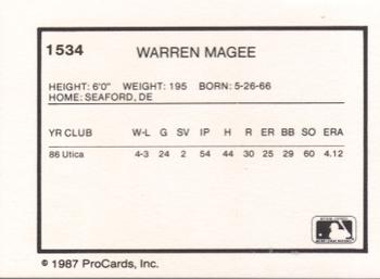 1987 ProCards #1534 Warren Magee Back
