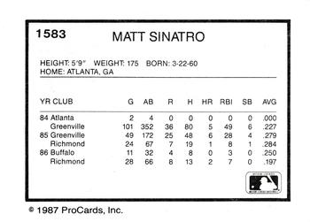 1987 ProCards #1583 Matt Sinatro Back