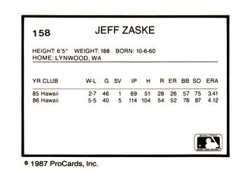 1987 ProCards #158 Jeff Zaske Back